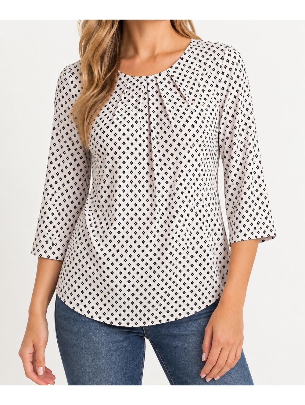 Liz Claiborne Career Cream Black Geometric Blouse 3/4 Sleeve Fall Workwear L